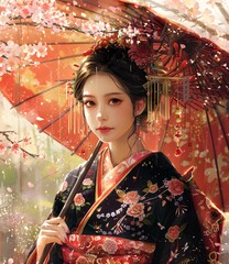 Canvas Print - A beautiful Japanese woman in a kimono holding an umbrella in the rain