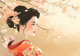 Wall Mural - A beautiful Japanese woman in a kimono stands under a cherry blossom tree.