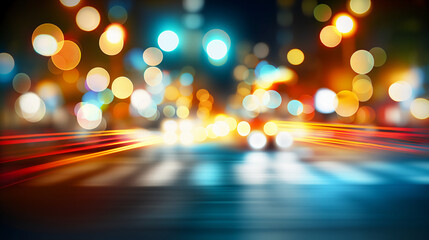 Wall Mural - Blurred city lights and motion blur background with night life, traffic flow on the road.