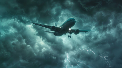 A jet airliner takes off into a stormy sky