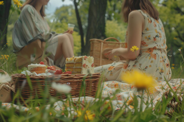 Two young women having a picnic in a field of flowers.