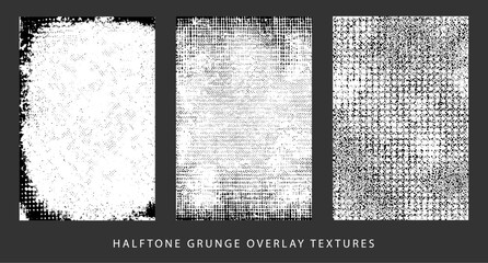 Wall Mural - Set of 3 transparent vector grunge abstract halftone dirty poster background textures with dust overlay. Place artwork over any image to make distressed effect