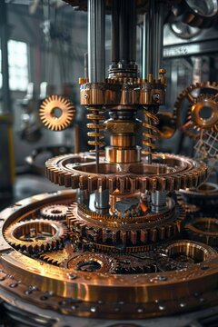 Gears in motion, close perspective, showcasing intricate industrial design, mechanical harmony