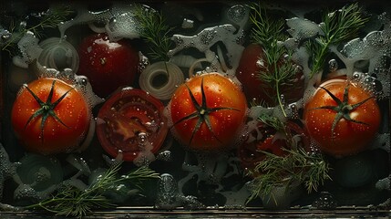 Poster -   A cluster of red tomatoes perched on a windowsill with droplets of water and a sprig of aromatic rosemary nearby