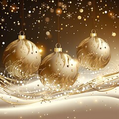 Poster - Three golden Christmas balls hanging from the top with golden snowflakes and light effects on a brown background