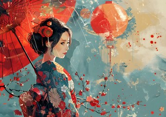 Wall Mural - An Asian woman in a kimono holding a red umbrella.