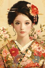 Wall Mural - Beautiful Asian Woman in Floral Kimono