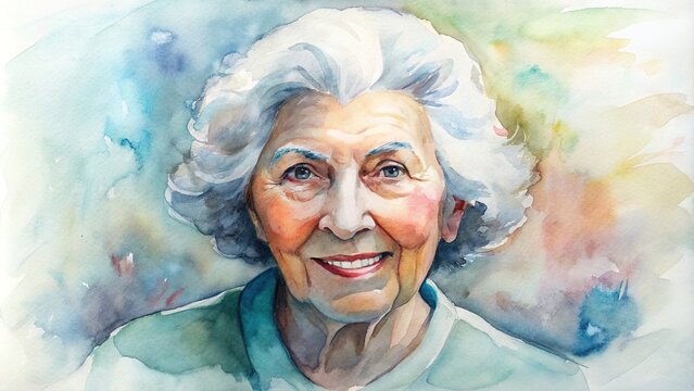 Watercolor painting of a portrait of a happy senior woman with alzheimers in a nursing home, with white hair