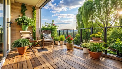 Beautiful balcony or terrace with wooden floor, chair, and green potted flowers plants, creating a cozy and relaxing area at home