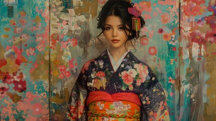 Wall Mural - An Asian woman wearing a kimono stands in front of a floral background.