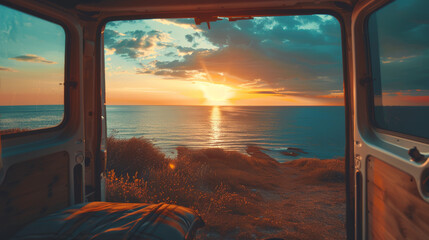 Doors open to a vanlife scene at the beach, with a summer sunset over the sea