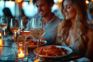 Canvas Print - A couple enjoying a gourmet dinner at a fancy restaurant. Concept of fine dining and romantic evenings. Generative Ai.