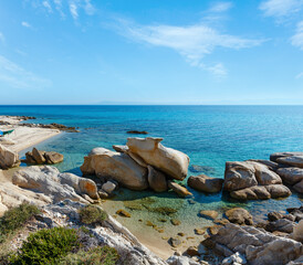 Canvas Print - Summer morning sandy beach and rocky coast near Platanitsi Beach (Sithonia Peninsula, Chalcidice, Greece).