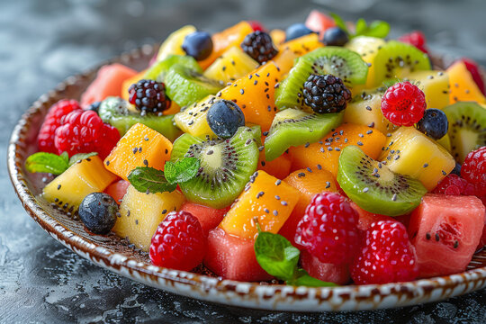 A plate of vibrant fruit salad with berries, melon, and kiwi. Concept of healthy eating and fresh produce. Generative Ai.