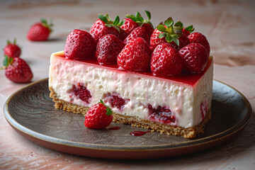 Wall Mural - A creamy slice of cheesecake topped with fresh strawberries. Concept of dessert indulgence and sweet treats. Generative Ai.