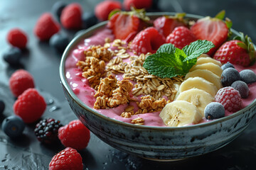 Wall Mural - A vibrant smoothie bowl topped with granola and fresh fruits. Concept of healthy breakfasts and nutrient-rich foods. Generative Ai.