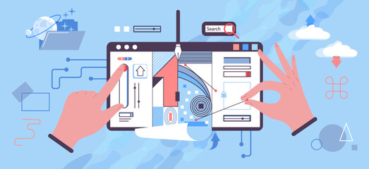 Vector illustration of graphic design concept. Designer work in a graphic editor, cloud storage and search on the global network.Сoncept for web banner, social media banner, business presentation