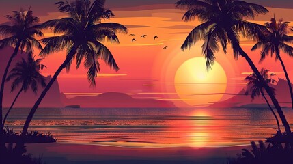 Silhouettes of palm trees and amazing cloudy sky on sunset at tropical beach with pink sky background for travel and vacation. AI generated illustration