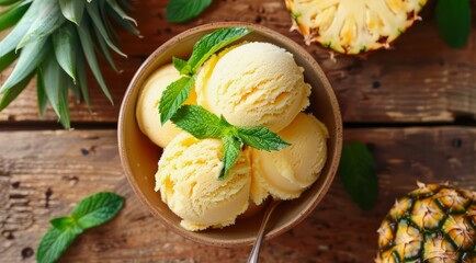 Canvas Print - Bowl with scoops of pineapple ice cream on a wooden table, top view.