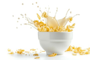 Wall Mural - Corn flakes with milk splash in white bowl isolated on white background. Healthy food concept