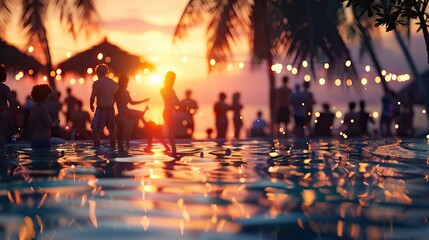 Group of people at the beach on beautiful summer sunset - 3D illustration. AI generated illustration