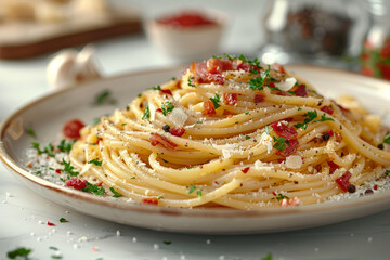 Wall Mural - A delectable plate of spaghetti carbonara with pancetta and parmesan. Concept of Italian pasta dishes and savory meals. Generative Ai.