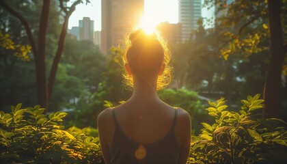 Wall Mural - Woman enjoying sunset in nature surrounded city