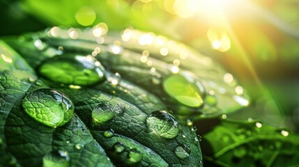 Wall Mural - A fresh green leaf with water droplets on blur background