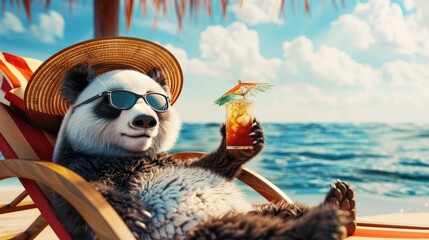 Wall Mural - A cute panda in sunglasses and with a tropical cocktail is relaxing on a sun lounger on the beach. The concept of a vacation at sea.