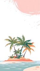 minimalistic tropical island flat illustration with palm trees on water, large empty spac for text, 