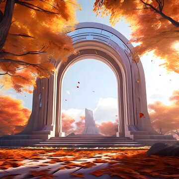  in natural daylight an abstract autumn scene consists of geometrical forms an arch with a podium