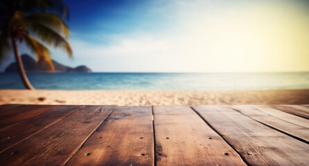 Tropical beach view with wooden deck foreground