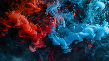 Wall Mural - Acrylic blue and red colors in water. Ink blot. Abstract black background.