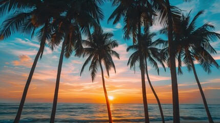Wall Mural - Silhouettes of palm trees and amazing cloudy sky on sunset at tropical beach with pink sky background for travel and vacation. AI generated illustration