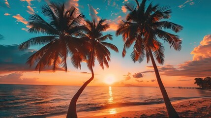 Sticker - Silhouettes of palm trees and amazing cloudy sky on sunset at tropical beach with pink sky background for travel and vacation. AI generated illustration