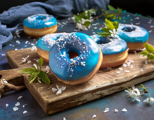 Wall Mural - Tasty blue donuts on wooden chopping board