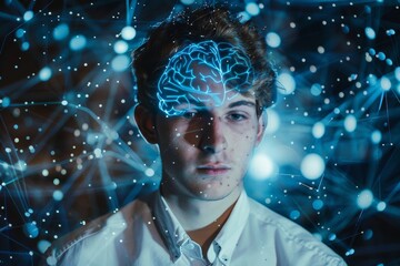 A businessman's head with a digital brain and neural connections. AI concept