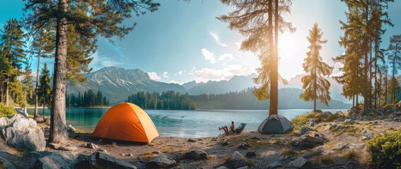 tourist camp in the mountains. artificial intelligence generating a tent in the foreground.