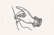 © KOSIM - Hand holds a needle with a thread in an engraving style. Ancient symbol of needlework and embroidery on a light background. Vintage vector illustration for postcard, book or tattoo design.