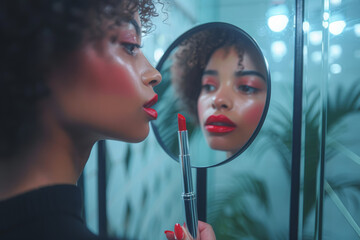 Wall Mural - A person applying bold red lipstick in front of a mirror, illustrating a classic beauty routine. Concept of timeless makeup application. Generative Ai.