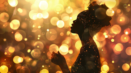 Wall Mural - Beautiful African American female singer sings on stage in golden bokeh lights. Generative AI illustration