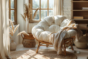 Canvas Print - A cozy reading corner with a low bookshelf, comfortable chair, and soft lighting, perfect for unwinding. Concept of Japandi reading nook. Generative Ai.