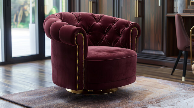 Luxurious executive revolving chair upholstered in rich maroon velvet, with tufted detailing and gold accents, wide-angle side view, in a high-end executive office suite.