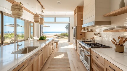 Bright modern kitchen interior with a beach view and natural light illuminating wooden cabinets and countertops. 