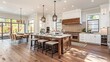 © Athena - Spacious modern kitchen interior with a wooden island, white cabinets, and pendant lights reflecting a contemporary home design style.