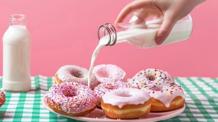Wall Mural - A hand is pouring milk from the bottle into donuts on a green and white checkered tablecloth against a pink background
