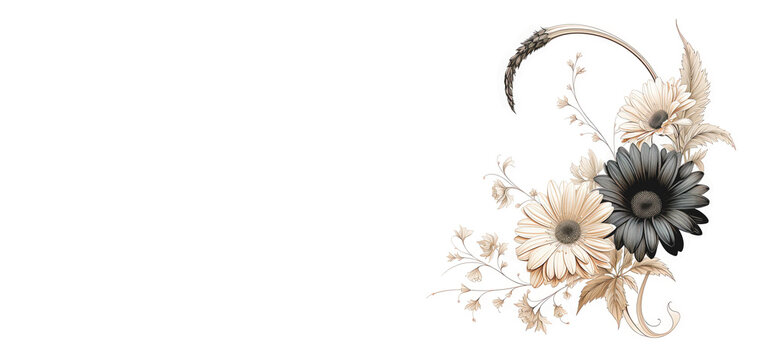 Banner with white and black gerberas on white background, free space for text.	