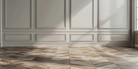 Wall Mural - Light grey wall panels and parquet wood floor in a traditional room setting