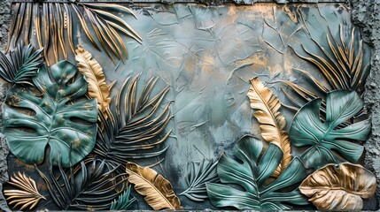 Wall Mural - Tropical leaves on the background of a plastered concrete wall.