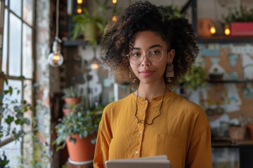 Canvas Print - Woman with glasses holding laptop in room